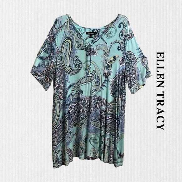 Ellen Tracy Dress Women's Size L Turquoise Blue Paisley Print Short Sleeve Mini - Picture 1 of 6